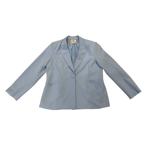 ladies Vintage Baby Blue Suit Lined Blazer Wide Leg Pants Single Button stretch - Picture 3 of 16